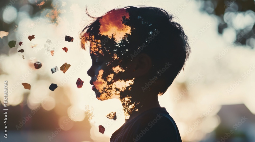 Aufkleber A child's silhouette filled with whimsical shapes and floating objects, representing the magic of gravity manipulation during sunset