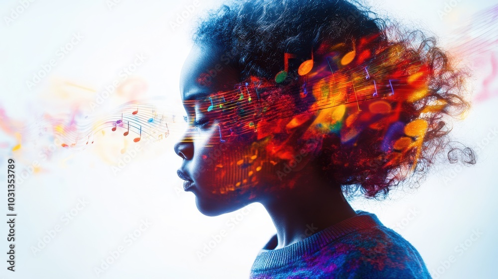Poster A child filled with musical notes and sound waves embodies harmony through a vibrant double exposure capturing the essence of creativity and joy