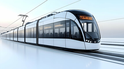 Modern light rail train on tracks in a minimalist environment.