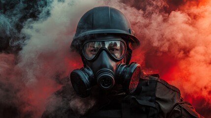 A masked figure in protective gear stands against a vibrant, smoky backdrop, evoking themes of safety, vigilance, and readiness.
