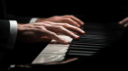 Fototapeta premium A detailed close-up of a man’s hands moving gracefully over the keys of a grand piano.