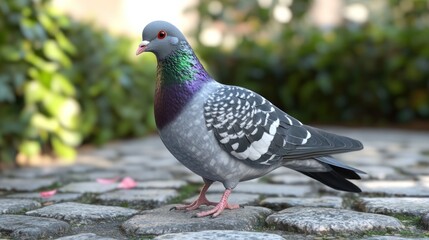 Obraz premium A close-up view of a pigeon standing on a cobblestone path.