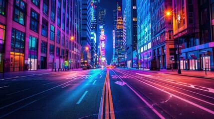 Obraz premium A neon city street with a large sign in the middle. The sign is lit up and is the center of attention. The street is empty and the neon lights create a vibrant and lively atmosphere