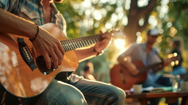 A man is playing a guitar in a park with other people around. The atmosphere is relaxed and casual, with people sitting on benches and enjoying the music