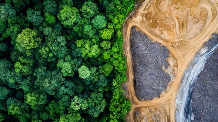 an aerial view of deforestation, showing large sections of forest cleared and replaced by barren land, highlighting the human impact on climate change