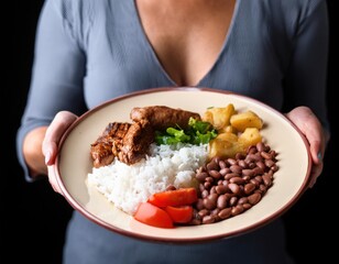 person holding a brazilian plate of food, arroz e feijão