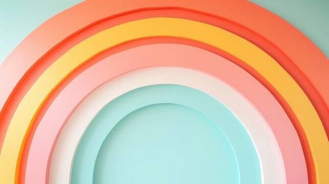 Cheerful soft pastel rainbow wallpaper adds a whimsical touch to any room’s decor for a bright and uplifting atmosphere