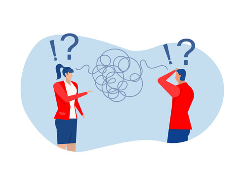 Problems in communication, mess or chaos communicate, conflict opinion,miscommunicate unclear message and information,business people colleagues communicate with messy line.