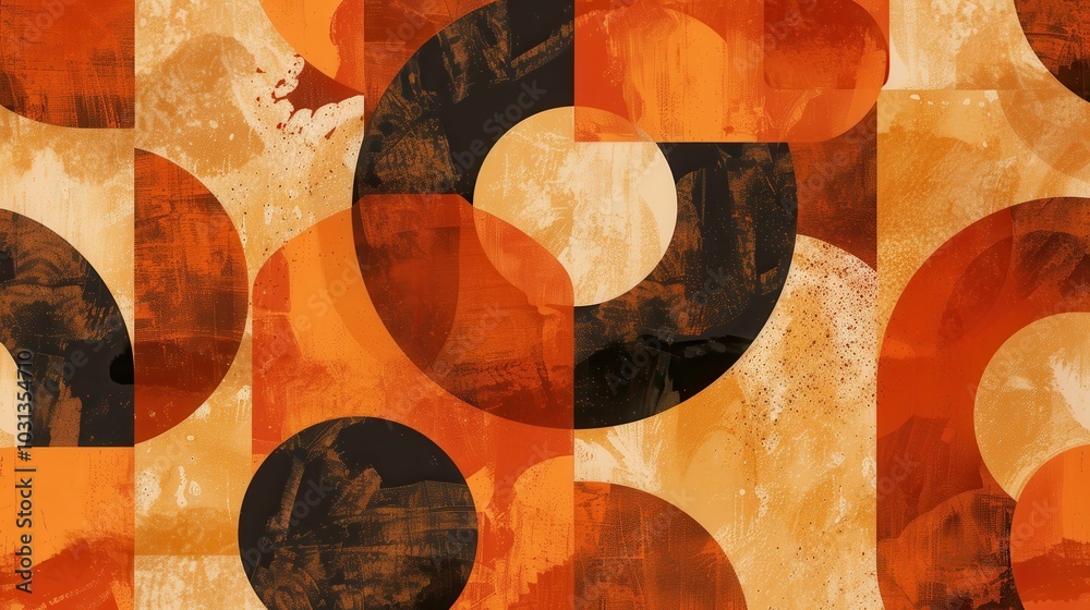 Poster retro wallpaper design featuring abstract shapes in warm orange and black tones creating a vibrant m