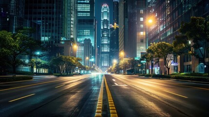 Fototapeta premium A city street at night with a few trees lining the road. The street is empty and the lights from the buildings and street lamps create a warm and inviting atmosphere