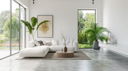 Fototapeta premium A living room with a white couch, a coffee table, and a potted plant. The room has a modern and minimalist design, with a large window letting in natural light. The space is clean and uncluttered