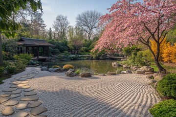 A peaceful Japanese garden featuring a koi pond, a stone bridge, and carefully raked gravel patterns