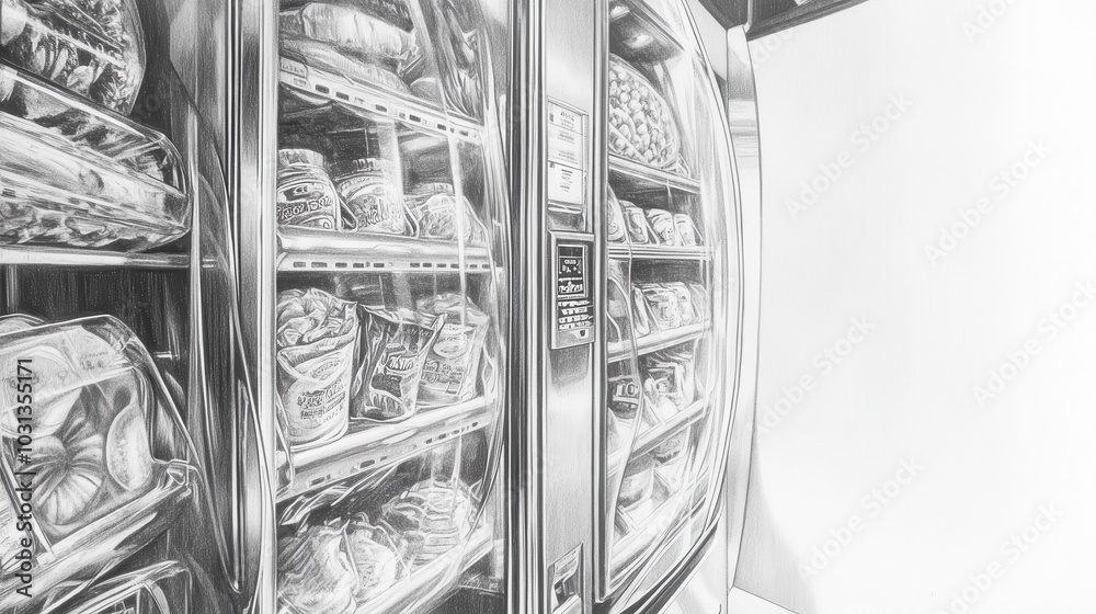 Poster pencil drawing of a futuristic vending machine in a sleek design showcasing food items with clarity