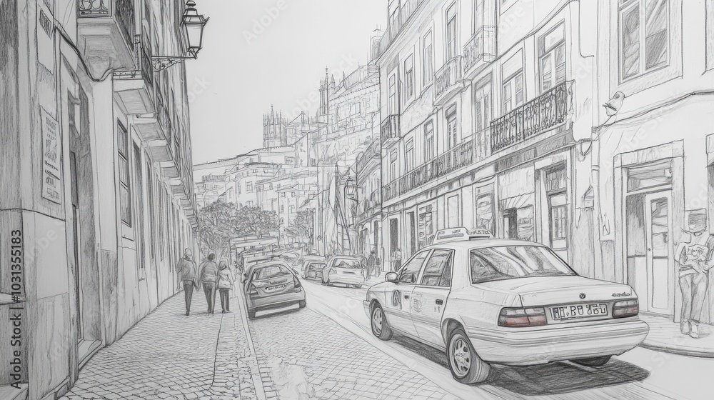 Poster a detailed pencil drawing capturing a vibrant taxi ride through the winding streets of lisbon, showc
