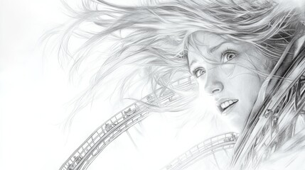 Fototapeta premium A rider experiences thrilling excitement with hair flying in the wind as a roller coaster track looms in the background
