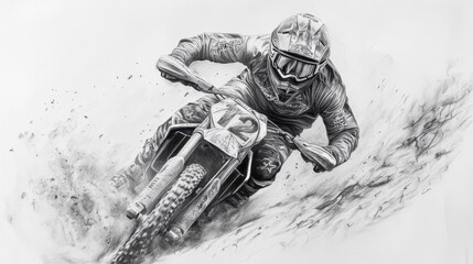 Naklejka premium Wide-eyed rider experiencing adrenaline rush while descending a steep drop on a dirt bike during an off-road adventure