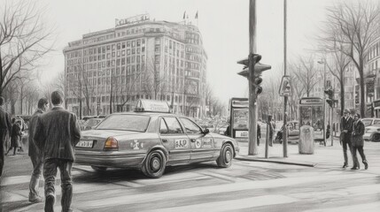 Pencil drawing of a taxi at a busy Berlin intersection with pedestrians crossing in the foreground