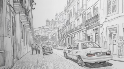 A detailed pencil drawing capturing a vibrant taxi ride through the winding streets of Lisbon, showcasing its unique architecture and tiles