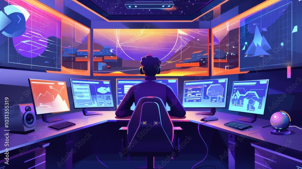 Poster An office worker engages with multiple screens in a high-tech remote work environment during evening hours