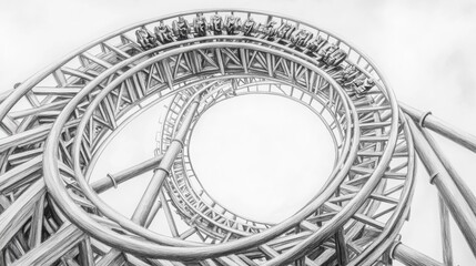 Naklejka premium Detailed pencil drawing of a roller coaster track looping dramatically with a focus on intricate steel and bolts