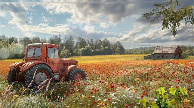 Red tractor in flower field near windmill and barn under blue sky. Seamless looping time-lapse 4k video background