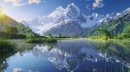 Fototapeta premium Mount Everest reflected in a tranquil high-altitude lake during a sunny day, showcasing nature's breathtaking beauty and serenity