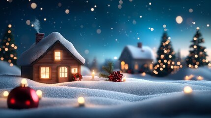 Fototapeta premium Cozy winter scene with snow-covered houses and festive decorations