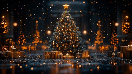 Enchanting Christmas tree surrounded by golden gifts