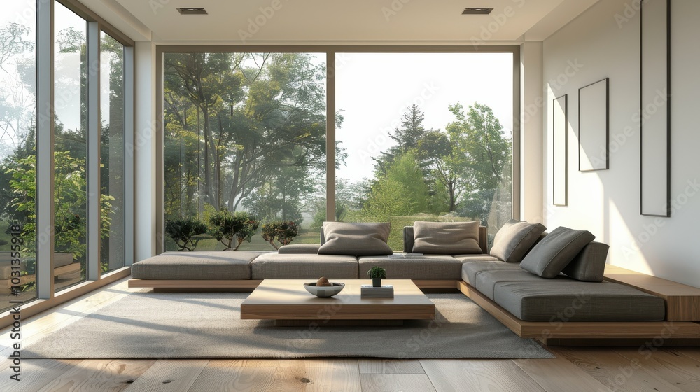 Poster a living room with a large window and a couch. the couch is covered in pillows and there is a coffee