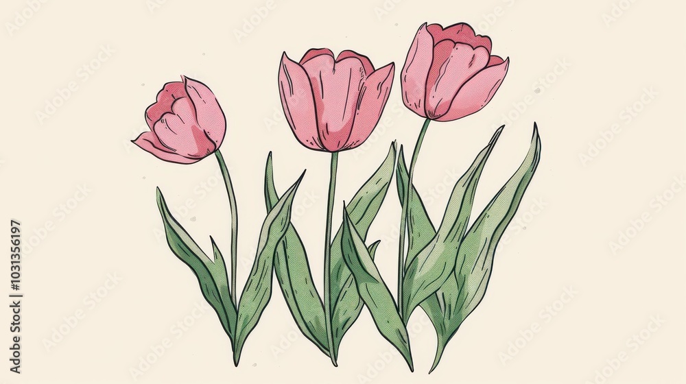 Poster a minimalist drawing of blooming tulips showcases the freshness of spring with clean lines and vibra