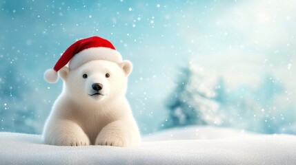 Adorable polar bear cub in a Santa hat during winter snowfall