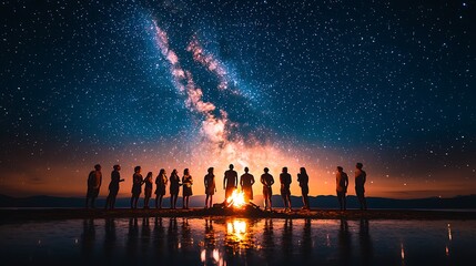 Bonfire Under Milky Way Galaxy Night Sky