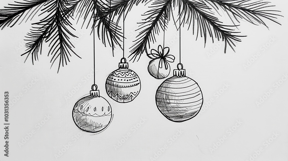 Poster minimalist drawing of holiday ornaments elegantly hanging on a tree branch, capturing festive spirit