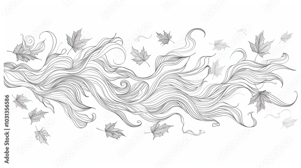 Poster swirling autumn leaves in minimalistic line art design capturing the essence of seasonal change and 