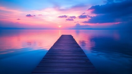 Naklejka premium A wooden pier extends out into a calm lake at sunset, with a vibrant sky of pink, purple, and blue hues.