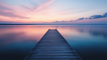 Fototapeta premium A wooden dock extends into a calm lake at sunrise, with a colorful sky reflecting in the water.
