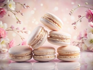 Obraz premium Delicious Double Exposure of Five White French Macaroons on a Soft Pink Background for Sweet Treat Lovers