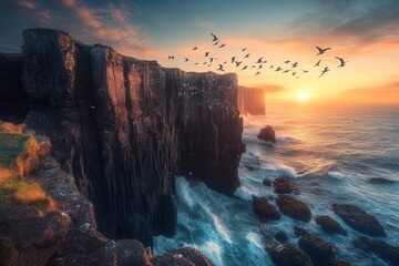 A rugged coastal landscape with towering cliffs plunging into the sea