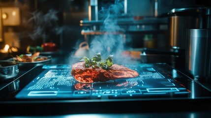 A piece of meat is cooking on a digital screen, with steam rising from it