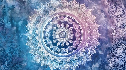 Intricate mandala wallpaper in calming shades of blue and purple creates a serene ambiance for any space