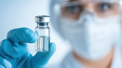 A medical professional holds a clear vaccine vial in a sterile environment, emphasizing healthcare and the importance of immunization.