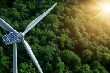 Wind turbine above green forest with sunlight.