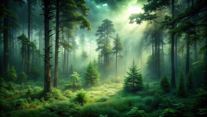 Fototapeta premium Dark forest with deep shade of mist and green with faint sunlight in background, forest, mist, trees, darkness, mysterious