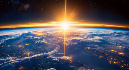 Obraz premium Stunning Earth from Space with Glorious Sunrise and City Light Glow