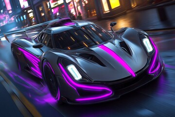 Futuristic car with neon purple streaks, speeding through a digital city