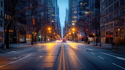 A city street at night with a few cars on it. The street is empty and the lights are on