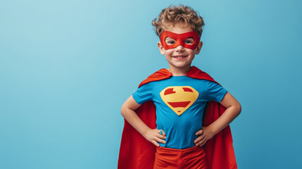 Young boy dressed as superhero in studio shot for imaginative play theme