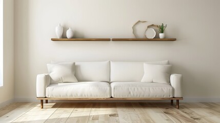 A white couch sits in a room with a white wall and wooden floor. The couch is surrounded by white pillows and a vase on a shelf. The room has a clean and minimalist feel