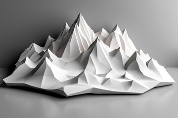 Geometric mountain shapes in shades of gray, against a gradient sky