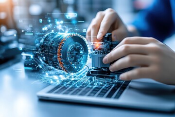 A person assembling a camera lens with digital technology overlay, showcasing innovation in photography and technology.